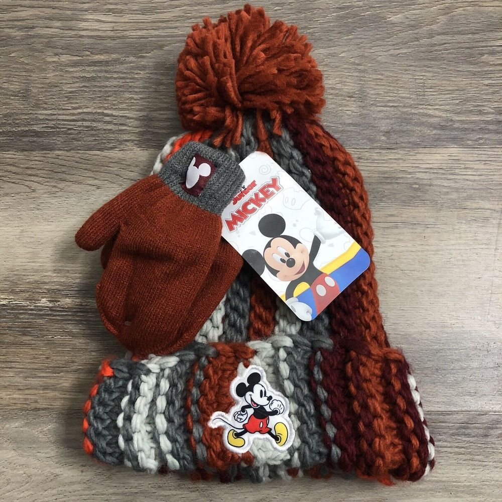 New Mickey Mouse Knit Beanie & Mittens Set Toddler 2T-5T Disney Boy Girl PomPom
